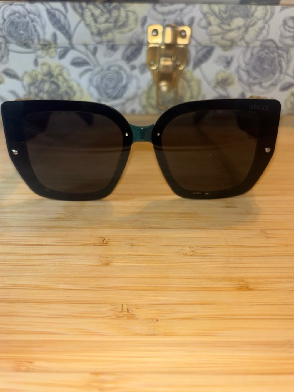 Gucci inspired)Black Sunglasses with Dark Lenses and Teal Bridge